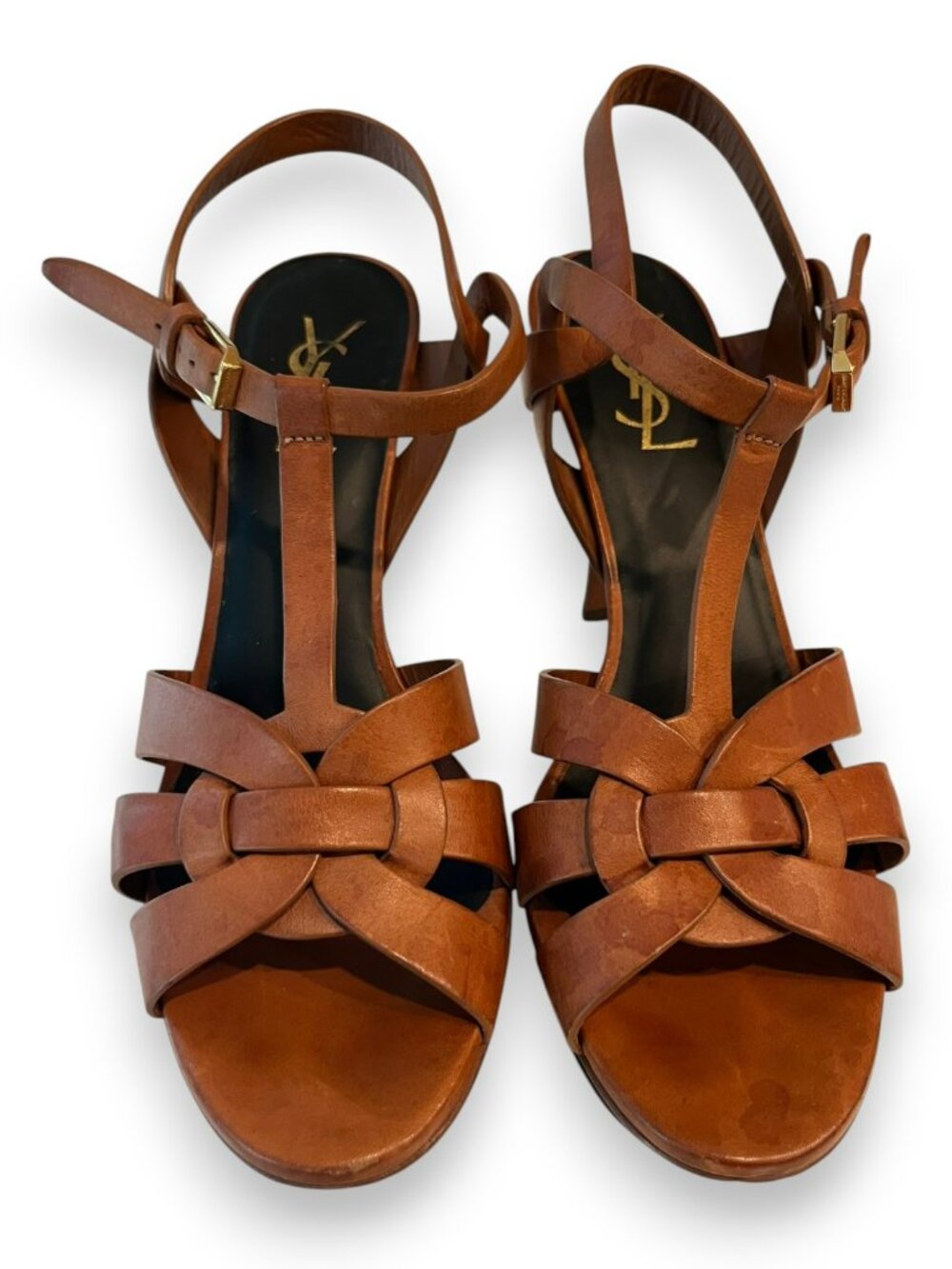 Saint Laurent Tribute 105 Cognac Leather Platform Sandals Heels